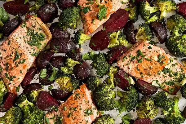 Garlic Butter-Roasted Salmon with Beets & Broccoli